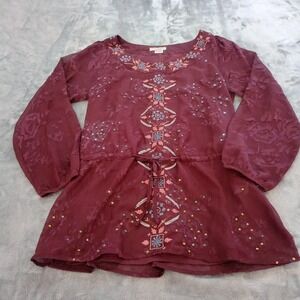 Sundance Blouse Womens Size Small Burgundy Embroidered Boho Cottage Romantic